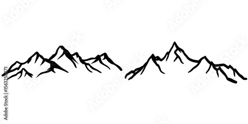 The illustration features a continuous line drawing of a mountain range from above, rendered in a simple linear style, evoking the concept of adventure and winter sports, isolated on a white
