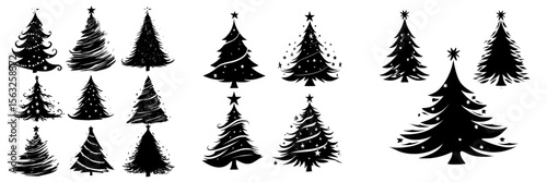 Christmas tree silhouettes drawn by hand, with black trees on a white background and adorned with gold stars