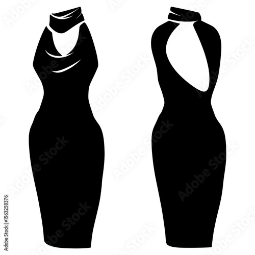 The Halter Neck Poet Sleeve Playsuit Dress is depicted in both front and back views, presented as a modern fashion illustration, created using CAD and technical drawing techniques, also known as a