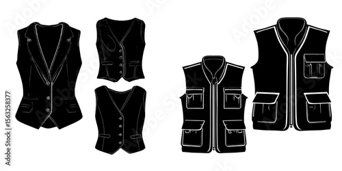 Technical fashion illustration of a vest waistcoat set featuring sleeveless designs, pockets, and a range of fitted to oversized bodies, presented in a flat casual top apparel template with front and