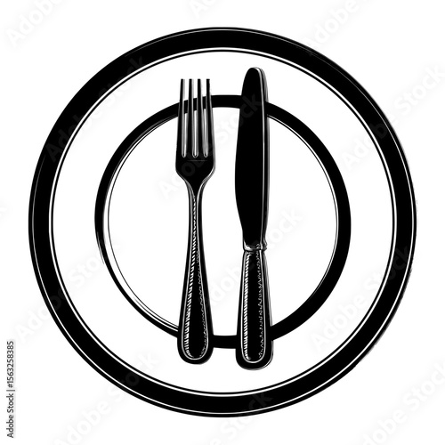On a white background, an empty plate is isolated, with a set knife and fork, shown in a top view, and incorporating silver cutlery and a white ceramic serving plate, created as a modern flat design