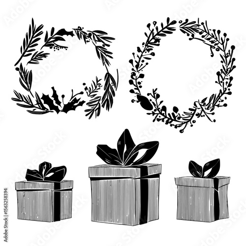 Kraft paper Christmas presents and wreaths are featured in a rustic craft gift box with eco-friendly decorations including eucalyptus and spruce for a 2022 Christmas and New Year celebration