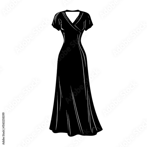 A modern illustration of a women's gathered puff short sleeve v neck empire maxi dress is shown in a fashion flat sketch