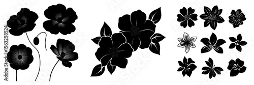 A modern set of black flower icons is available, including object, picture, and image formats, as a stock collection