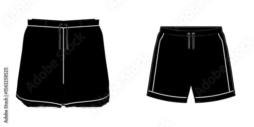 The flat sketch set contains a modern illustration of mens drawstring shorts with an elastic waist, along with a CAD mockup