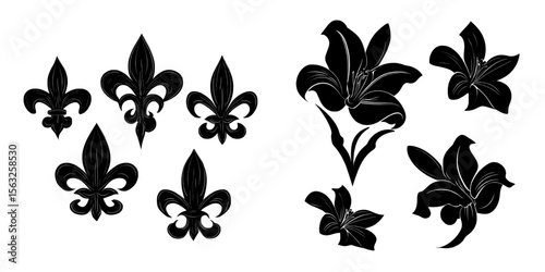 Modern illustration featuring a set of black silhouettes of lily flowers known as Fleur-de-lis