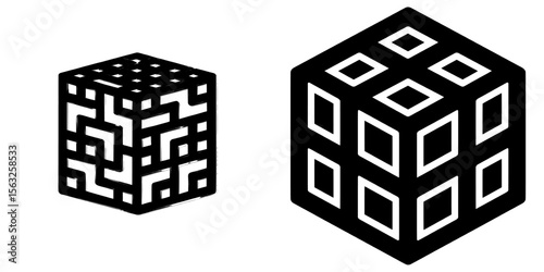 A seamless pattern of cubes is combined with geometric line design and cube texture elements