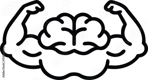 Strong brain with muscular arms in line art style icon
