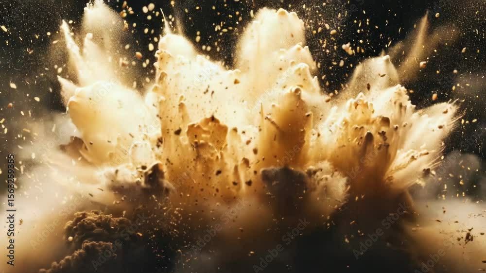 A massive cloud of dirt and debris erupts in the middle of an open field, with a dramatic burst of earthy chaos