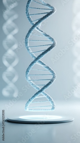 Futuristic DNA double helix hologram floating in sterile medical environment illuminated by soft light ideal for biotechnology, healthcare and genetic research visuals