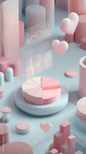 Pastel 3D heart health dashboard with pie charts and medical graphs in abstract digital space perfect for healthcare analytics, medical data interfaces and cardiology visuals