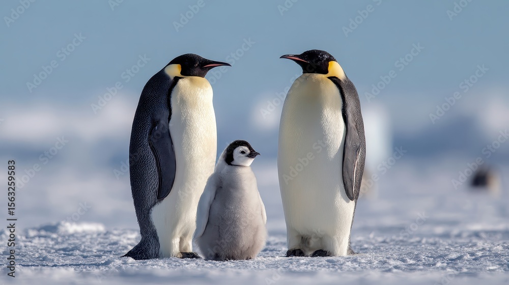 Naklejka premium Three penguins standing in the snow with one penguin looking at