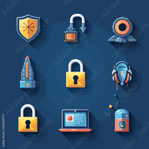 Cybersecurity icons:  A collection of flat-design illustrations depicting digital security elements.