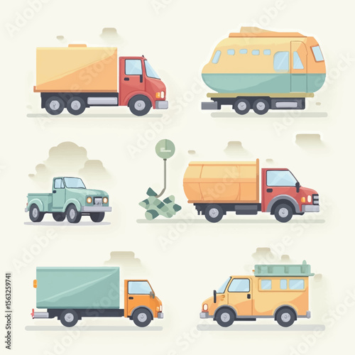 Flat design illustration of various types of trucks and a camper van, showcasing different models and colors.