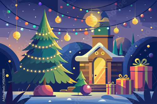 Snow-covered Christmas landscape at night with an illuminated house and festive tree, celebrating the winter holiday season