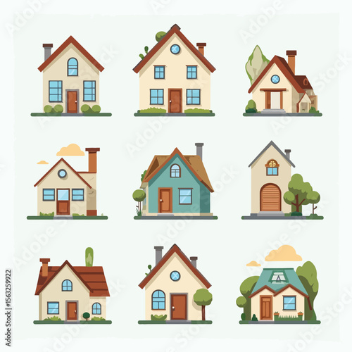 Collection of charming cartoon houses, diverse architectural styles, front views.