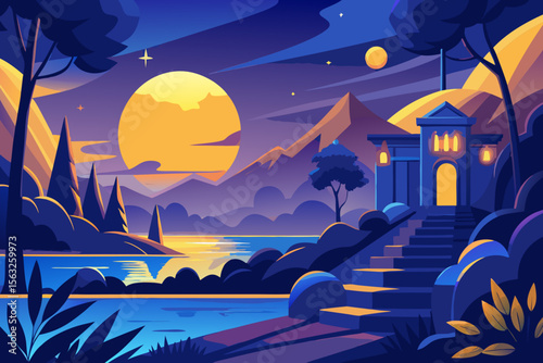Moonlit Halloween night landscape with a dark castle, silhouetted trees, and glowing stars