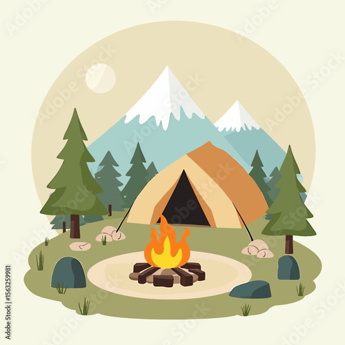 Campsite nestled in a mountain valley with a crackling campfire, tent, and evergreen trees.