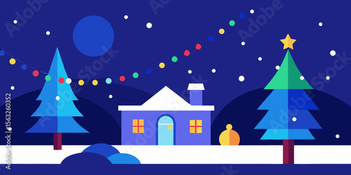 A festive winter landscape at night, featuring a snow-covered house and twinkling Christmas trees under a star-filled sky