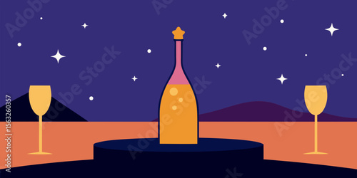 Sparkling champagne flutes clinking under a star-filled winter sky, celebrating the New Year and Christmas holidays