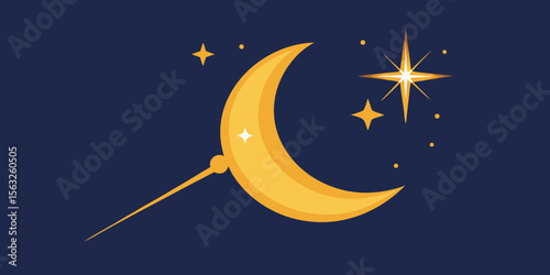 A whimsical vector illustration of a crescent moon and stars illuminates the dark night sky