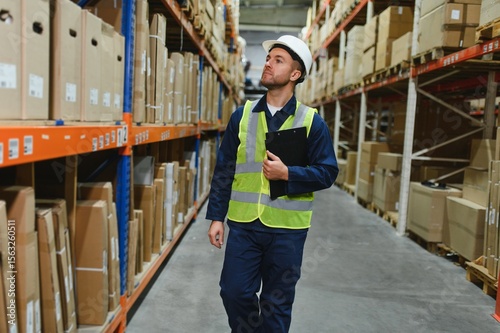 Tableau sur toile Portrait of a handsome warehouse worker in overalls and a helmet