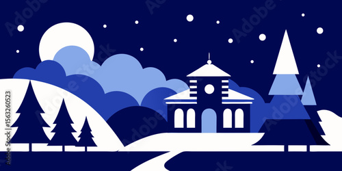 Christmas night winter landscape illustration with a snowy village scene under a starlit sky