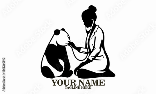 girl and panda icon. girl and panda vector illustration, girl veterinarian examining adorable panda vector illustration