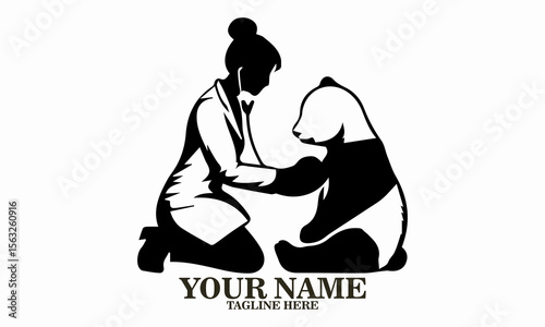 girl and panda icon. girl and panda vector illustration, girl veterinarian examining adorable panda vector illustration