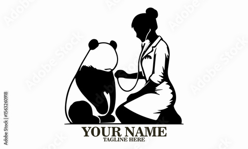 girl and panda icon. girl and panda vector illustration, girl veterinarian examining adorable panda vector illustration