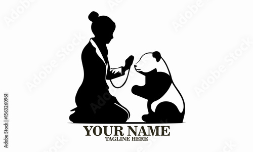 girl and panda icon. girl and panda vector illustration, girl veterinarian examining adorable panda vector illustration