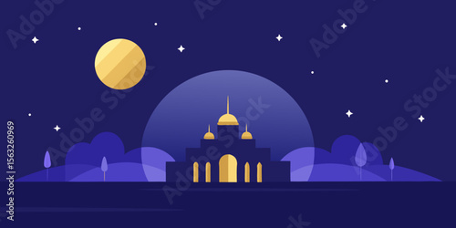 Spooky architecture with a haunted house silhouette under a moonlit sky, adorned with stars and a lone tree in a dark, mysterious landscape