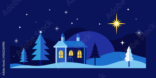 A magical Christmas night landscape with a snow-covered house under a starry sky and moon