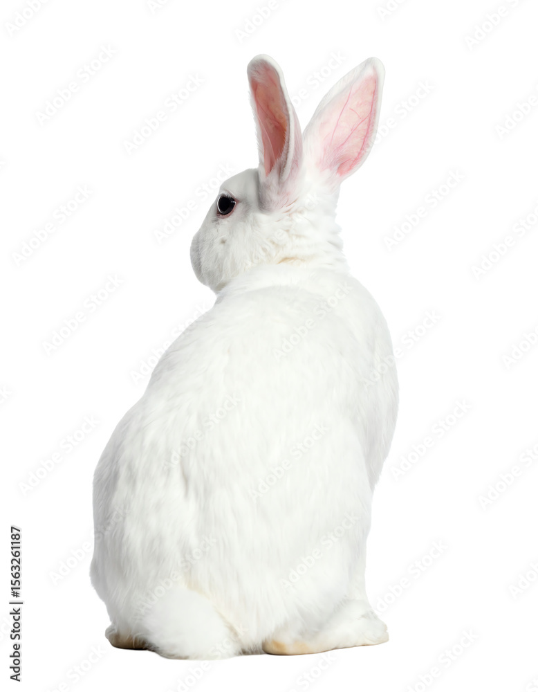 Obraz premium White rabbit sitting peacefully, viewed from behind.