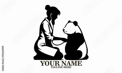 girl and panda icon. girl and panda vector illustration, girl veterinarian examining adorable panda vector illustration