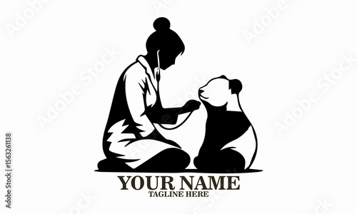 girl and panda icon. girl and panda vector illustration, girl veterinarian examining adorable panda vector illustration
