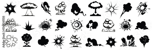 A collection of black and white cartoonstyle explosions and mushroom clouds