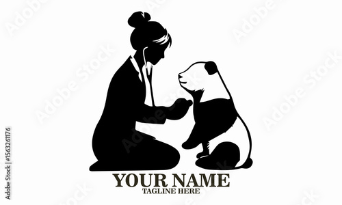 girl and panda icon. girl and panda vector illustration, girl veterinarian examining adorable panda vector illustration