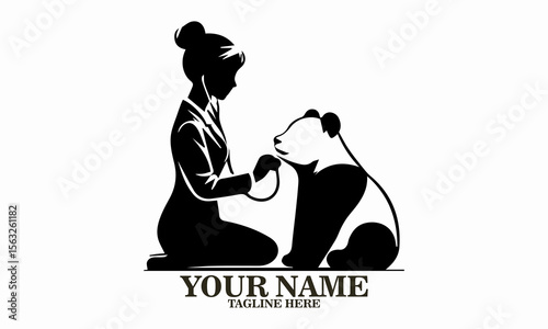 girl and panda icon. girl and panda vector illustration, girl veterinarian examining adorable panda vector illustration