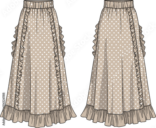 Vintage-Inspired Polka Dot Ruffle Skirt Design.