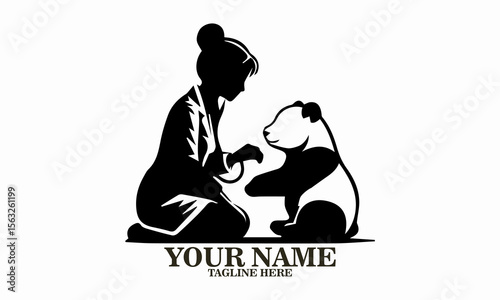 girl and panda icon. girl and panda vector illustration, girl veterinarian examining adorable panda vector illustration