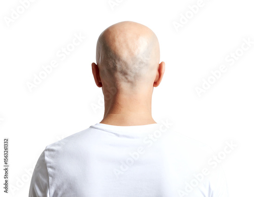 Bald man seen from the back in casual attire.