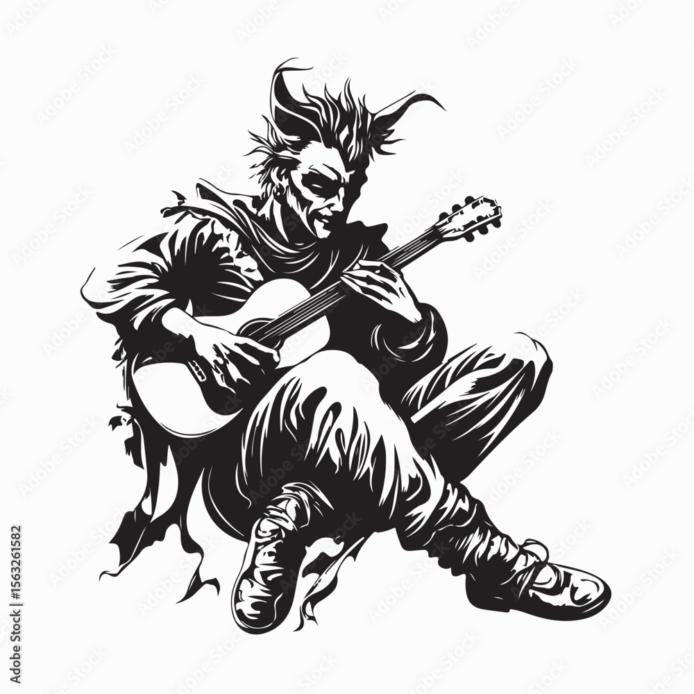 Obraz premium Relaxed Jester Sitting and Playing His Guitar with Joyful Expression Vector Illustration