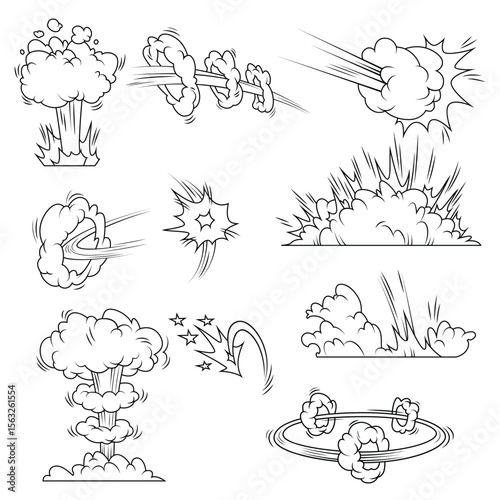 A collection of blackandwhite cartoon explosion vectors with a comic book style