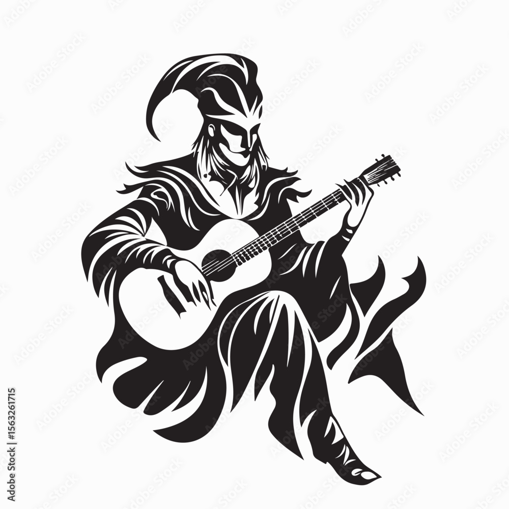 Fototapeta premium Relaxed Jester Sitting and Playing His Guitar with Joyful Expression Vector Illustration