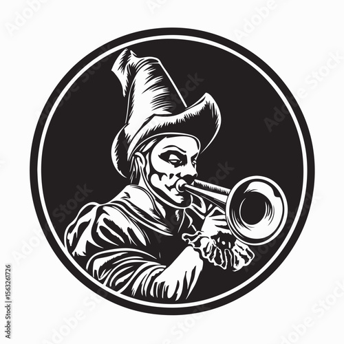 Joyful Jester Proudly Playing the Trumpet in a Cheerful Performance Vector Illustration