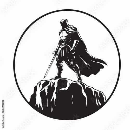Armored Knight with Sword Standing on a Rocky Cliff image vector.