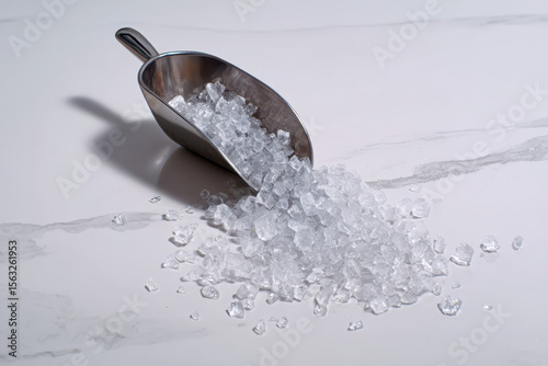 Crushed Ice Spilling from Metal Scoop onto White