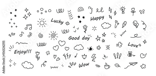 A collection of handdrawn doodles including stars hearts and words like Happy and Love