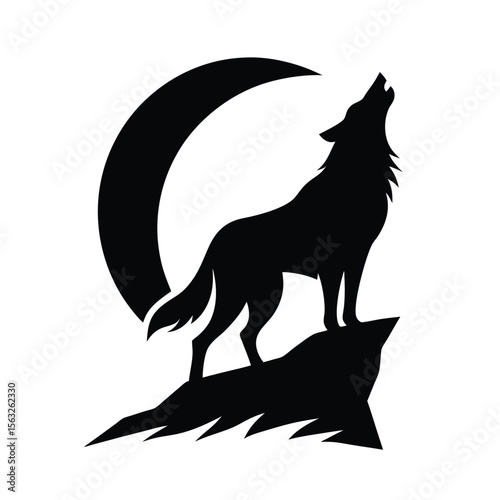 A striking black wolf silhouette howling at the moon on a rocky mountaintop vector graphic